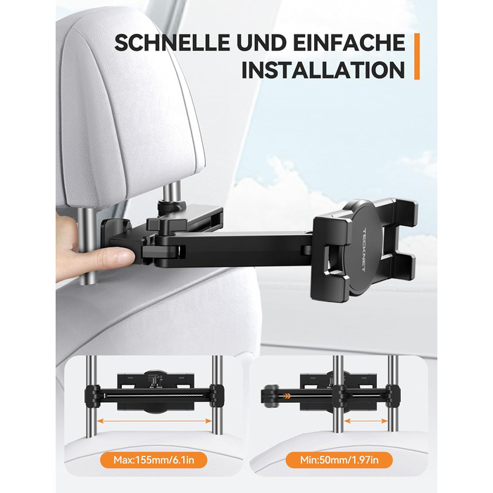 Тримач для планшета в авто TECKNET: універсальний, 360° обертання, для iPad, iPhone, Galaxy Tab, Switch (4.7-12.9