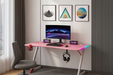 Ігровий комп'ютерний стіл з LED-підсвіткою, сучасне геймерське письмовий стіл, 120 см, рожевий