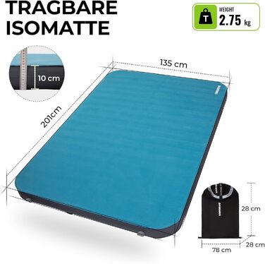 Килимок для кемпінгу Fundango самонадувний, 9.5 R-значення, піна-пам'ять, 10 см товщина, 3D посилені боковини, м'яка оксамитова поверхня для намету, подорожей на авто (подвійний)