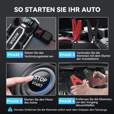 Портативний зарядний пристрій Starthilfe Powerbank 6000A для автомобіля: 7.0л бензин, 5.5л дизель, LED ліхтарик, великий екран (Чорний)