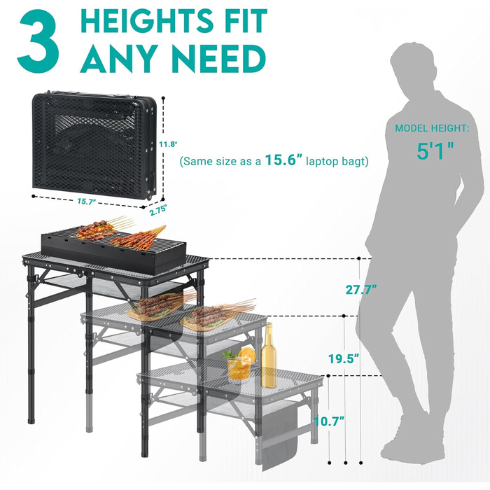 Складний кемпінговий стіл для пікніка, грилю, саду, пляжу 60x40x26.5/41.5/67.5 см, регульована висота, чорний