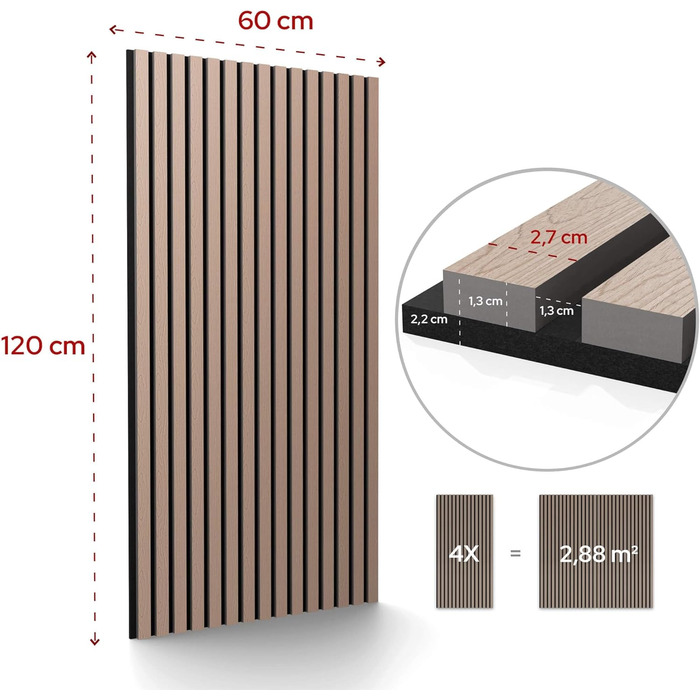 Акустичні панелі Arebos 10x60 см, настінна ламельна стіна в стилі темного дуба для стін та стелі, шумопоглинаючі декоративні панелі (набір 4 шт.)