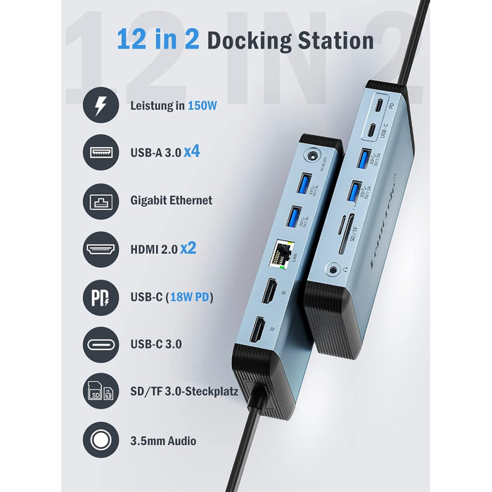 Док-станція USB-C 12 в 1: 3 монітори, HDMI, VGA, Ethernet, USB 3.0, PD 100W, SD/TF, AUX для Windows/Mac/Dell/HP