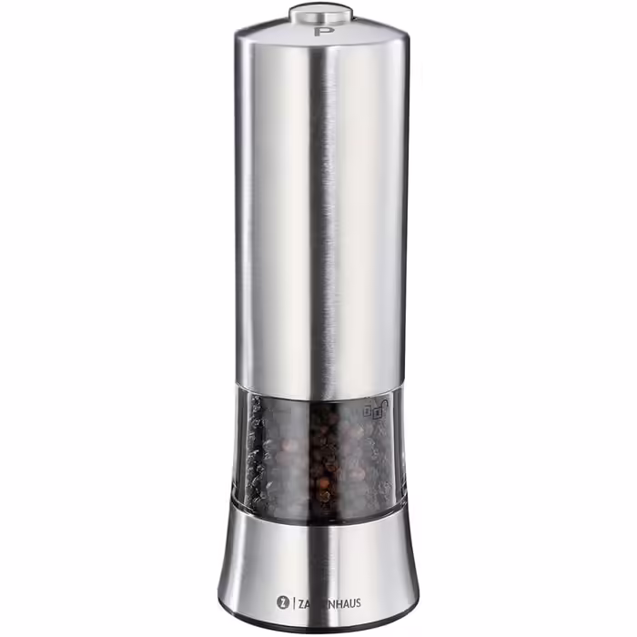 Zassenhaus Salt and Pepper Grinder Electric GERA | Ceramic Grinder | | Stainless Steel | Precisely Adjustable Grind Setting | Includes Pepper Filling and Batteries | Spice Grinder | Ø 6 x 18 cm