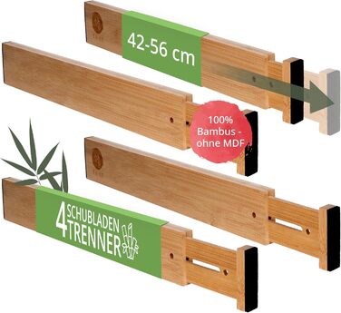 TAKE® Adjustable Drawer Dividers, 4 Pack [42-56cm] | Drawer Organizers, 100% Natural Bamboo | Flexible Drawer Divider System | Drawer Organization System for Kitchen | Drawer Organizer