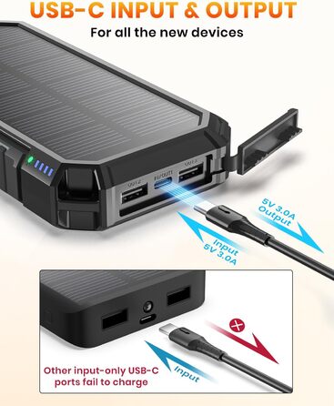 Powerbank Riapow сонячний бездротовий 26800mAh: акумулятор з USB-C, LED-ліхтарик для смартфона, планшета, кемпінгу (чорний)