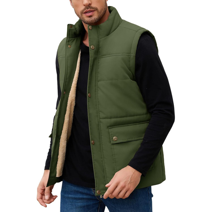 Xnova чоловіча зимова жилетка з підкладкою Thero Sherpa, тепла флісова жилетка, зимова куртка, жилетка для полювання, робоча жилетка, флісова жилетка для активного відпочинку з коміром-стійкою (Зелений, M)