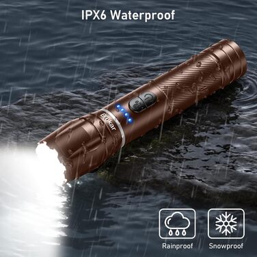 LED ліхтарик Blukar з регулюванням температури світла, 2000L, зум, 10 режимів, водонепроникний, для кемпінгу та активного відпочинку (колір: коричневий)