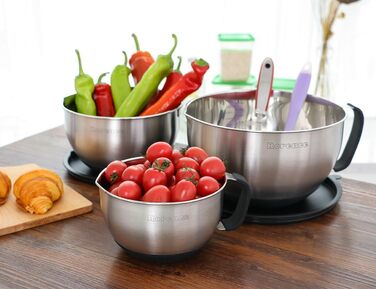 Rorence Stainless Steel Mixing Bowls with Pour Spout, Handle, and Lid, Set of 3, Black