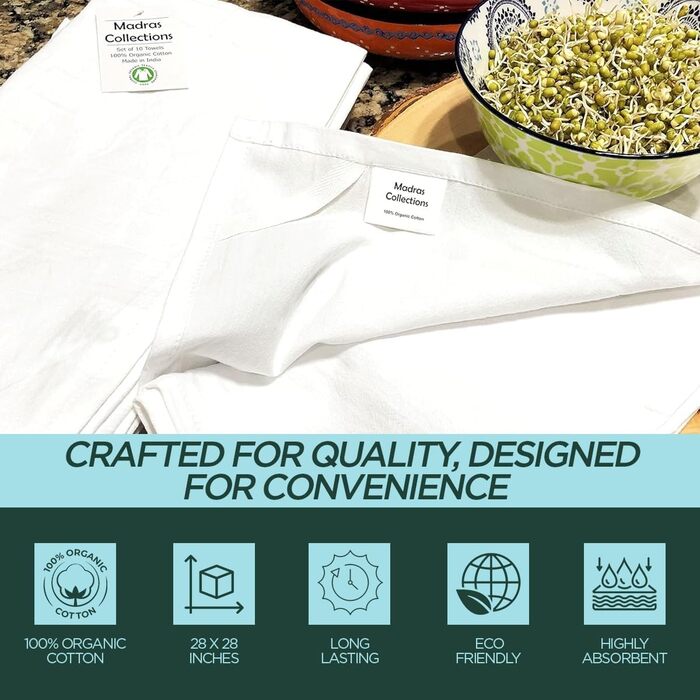 Madras Collections 10-Pack Flour Sack Dish Towels, Certified Organic Cotton, Flour Sack, Towels, Very Absorbent, Embroidery Dish Towels, Kitchen Towels, 71.1 x cm (white) Towels