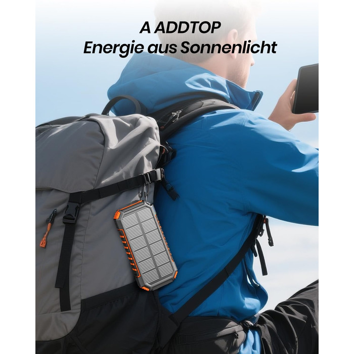 Портативний зарядний пристрій ADDTOP Solar – 26800mAh з сонячною панеллю, USB-C, 3.0A, 4 виходи для смартфонів та планшетів, ліхтар для кемпінгу та відпочинку на природі (Orange)