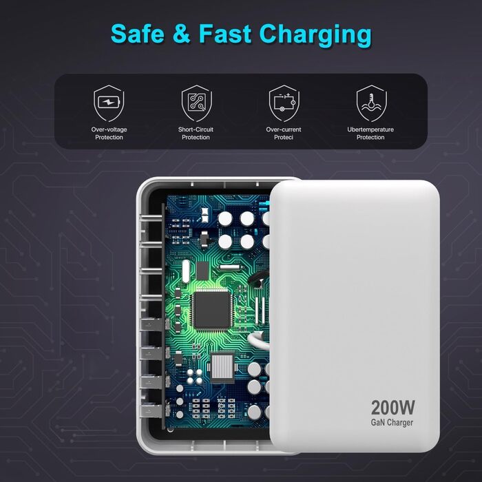 Зарядний пристрій USB-C 200W, 8 портів, GaN адаптер для MacBook Air/iPad/iPhone 15/16/Galaxy S23 - Білий