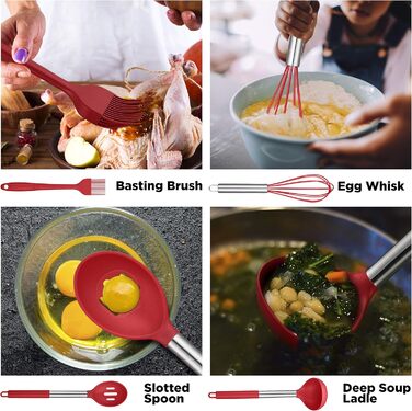 Набір кухонного приладдя ORBLUE 14 предметів: лопатки, шумовки, ложки з силікону та нержавіючої сталі, червоний