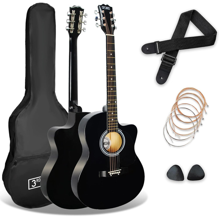 Акустична гітара 3rd Avenue 4/4 з вирізом, для початківців – набір з чохлом, ремінком, медіатором та запасними струнами. Безкоштовні уроки на 6 місяців. Колір: Натуральний (Чорний).