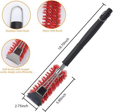 XSUPER Nylon Grill Brush, 3-in-1 Grill Brush and Scraper, Best Nylon Bristle Brushes, 45.7cm Grill Cleaning Brush for a Cool Grill, Scraper for Grill Grates, Universal Grill Accessories