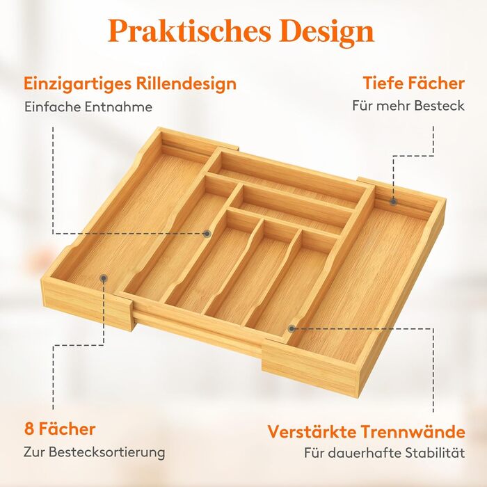 Органайзер для столових приборів Lifewit в шухляду, бамбуковий, 38 см (27-46 см) - розсувний лоток для кухні