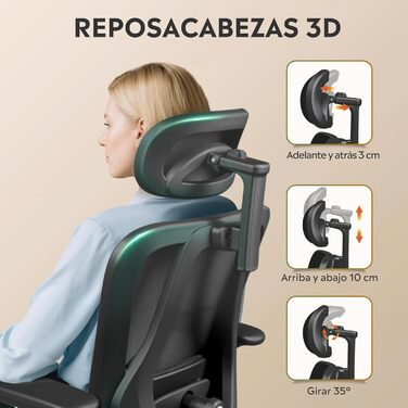 Офісне крісло Devaise: ергономічне крісло з регульованою підголівником та поперековою підтримкою, 3D-підлокітники, 3-рівневий нахил, дихаюча сітчаста тканина для дому та офісу (Чорний)