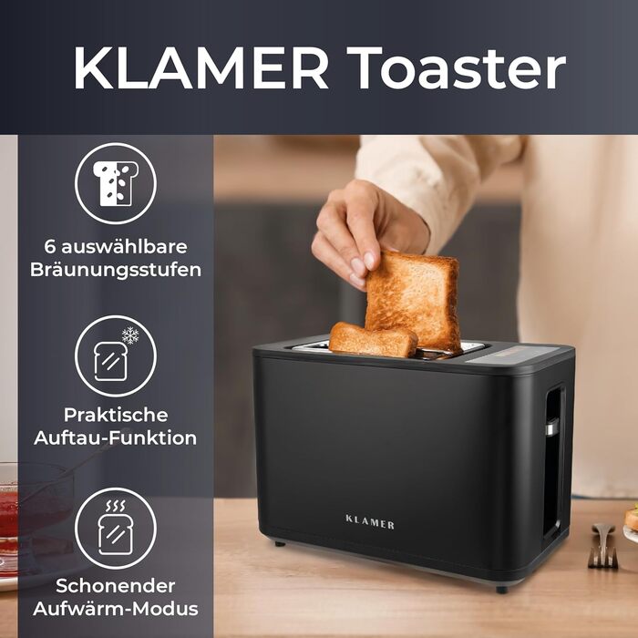 Тостер KLAMER з підставкою для булочок, 2-слотовий, 6 режимів підсмажування, сенсорний дисплей, лоток для крихт, матовий чорний