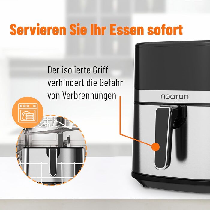Фритюрниця Noaton з гарячим повітрям 6,2 л, цифровий Air Fryer, 8 програм, 1600 Вт, без олії, регулювання температури 80-200°C, з кулінарною книгою та кухонними щипцями, компактна