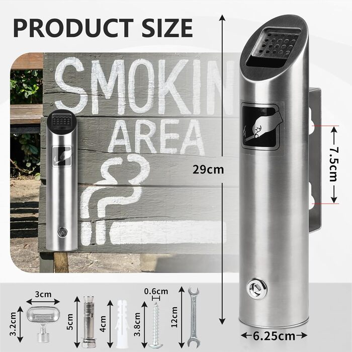 Настінний попільничка CPROSP з нержавіючої сталі, 28.5 x 6.5 см, з замком, для саду, двору, вілли, монтаж на стіну