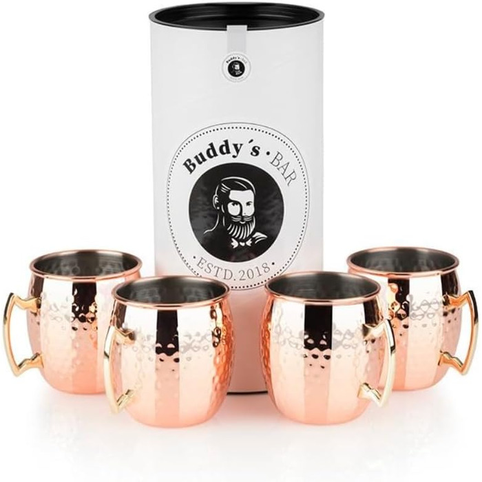 Набір для коктейлів Buddy's Bar Moscow Mule: 2 мідні келихи 500 мл, мірний стакан 5 cl, барна ложка 27 см, прес для лайма, подарункова коробка, харчова мідь, 4 предмети