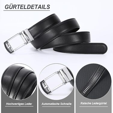 Чоловічий шкіряний ремінь JasGood з автоматичною пряжкою, 33 мм, для костюма, ділового стилю, повсякденного носіння (чорний, 130 см, обхват талії 101-115 см)