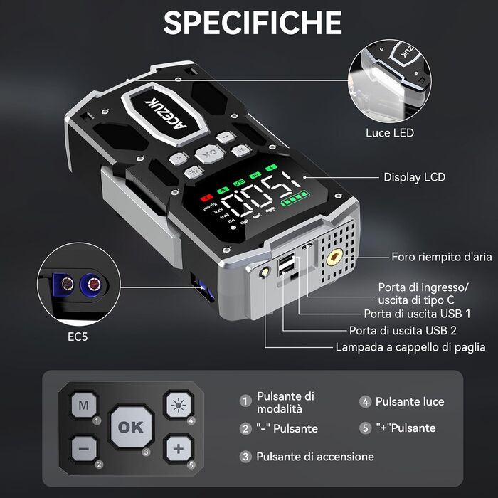 Портативний пусковий пристрій для автомобіля з повітряним компресором 8000A/150PSI (12V, для бензинових та дизельних двигунів) з LCD-дисплеєм M03