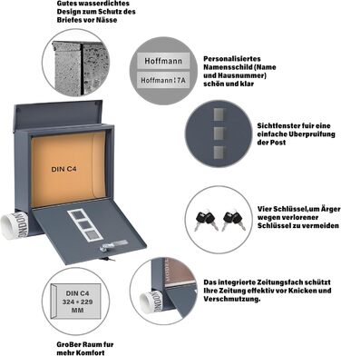 Поштовий ящик Zedelmaier XXL персоналізований з нержавіючої сталі, 35x35 см, 4 ключі, для листів B5/C4, з газетницею, RAL 7016 Антрацит