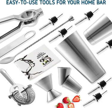 Набір бармена EATEX 16 предметів: шейкер, прес для лимона, інструменти для коктейлів та рецепти. З нержавіючої сталі