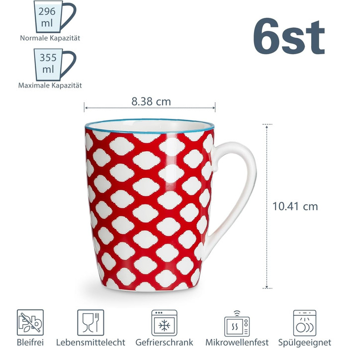 ONEMORE 6-Piece Coffee Mug Set, 355 ml Colorful Porcelain Coffee Cups, Coffee Mugs with Handle, Large Cups for Coffee, Milk, Tea, and Hot Chocolate, Multicolor