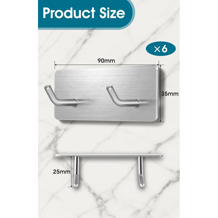 Самоклеючі гачки Haken - набір 6 шт. з нержавіючої сталі 304, без свердління, для ванної, кухні та вітальні