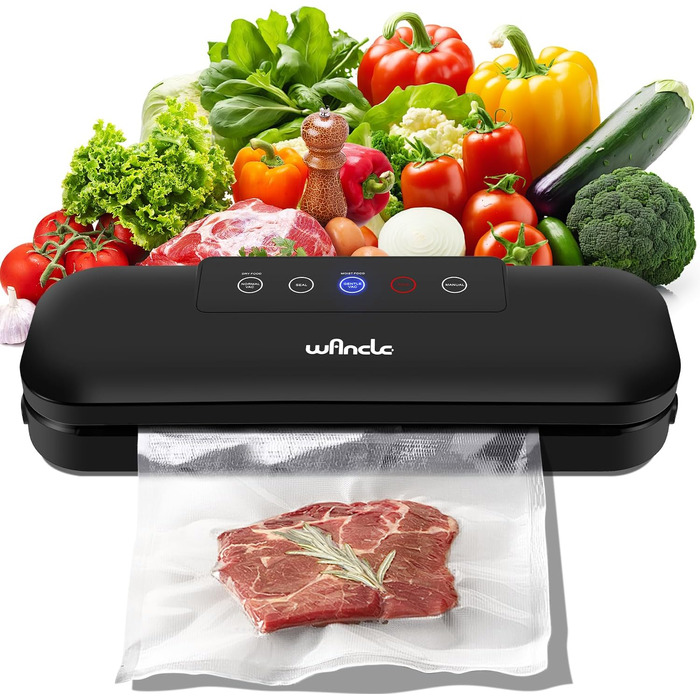 Вакуумний пакувальник Wancle 4-в-1: автоматичний герметизатор для продуктів, приготування Sous Vide, сухих та вологих продуктів. В комплекті 10 пакетів. Чорний колір