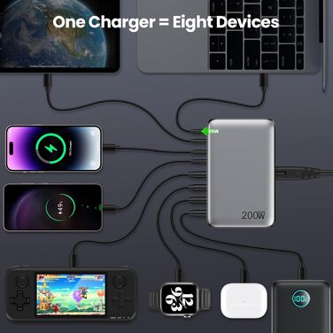 Зарядний пристрій Feob 200W USB-C GaN III 8-Port з PPS PD 65W для MacBook, iPhone, Steam Deck, смартфонів - Чорний