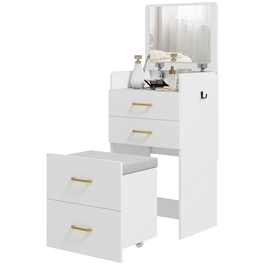 HOMCOM 3-in-1 Vanity Table with Mirror, Nightstand, Rolling Stool, Drawers, White