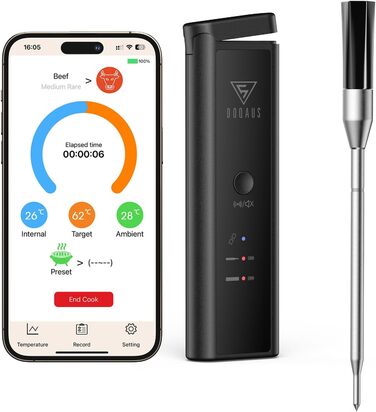 Бездротовий термометр для м'яса DOQAUS з Bluetooth, 158м, IPX7, для гриля, духовки, коптильні, ростера, фритюрниці, мийки