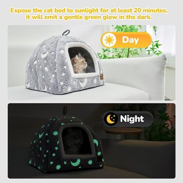 CATISM Cat Cave Cat Bed Glowing Cat House Cozy Cave Foldable Washable Comfortable Cat Sleeping Place for Cats Kittens Puppies with Removable Cat Head Pillow 40x40x38cm