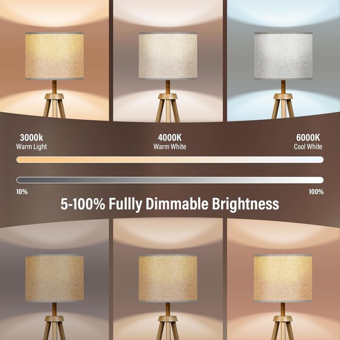 Стельова лампа для вітальні, LED, регулювання яскравості, 3 колірні температури, дерев'яна, з таймером, з абажуром, з вимикачем для вітальні, спальні, офісу