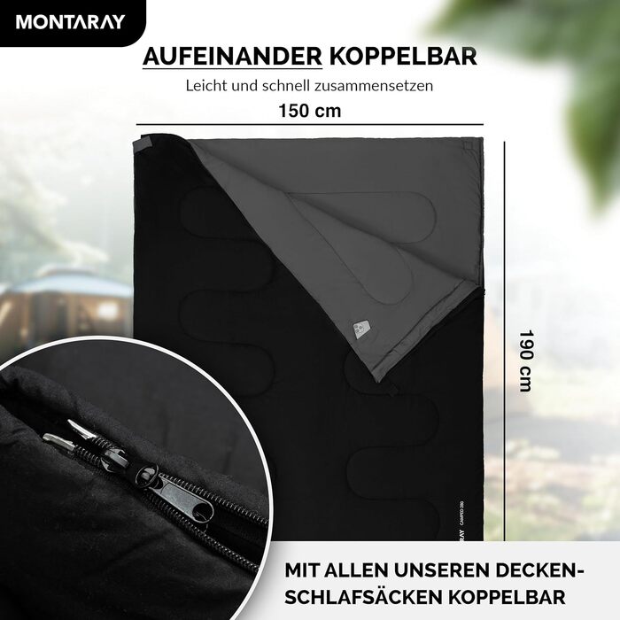 MONTARAY® 100% Cotton Sleeping Bag - Warm Outdoor & Summer Sleeping Bag for 3-4 Seasons - Includes Pillow - Hut Sleeping Bag for Men & Women - Black (75x190cm)