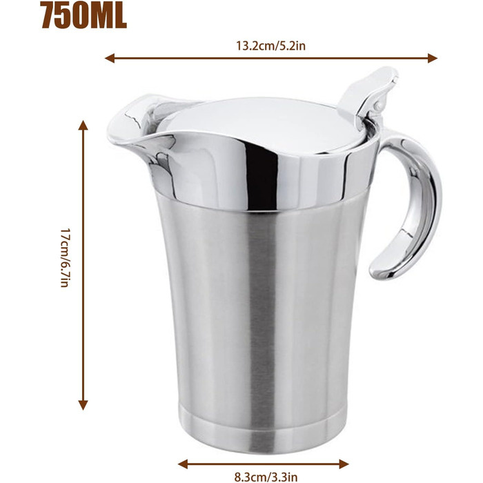 Thermo Sauciere Double 304 Stainless Steel 750ml Insulated Saucepan/Gravy Boat/Sauce Bowl with Lid for Serving Sauce, Vanilla Sauce, Cream, Sauce