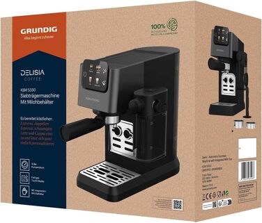 GRUNDIG KSM 5330 Espresso Machine with Integrated Milk Container, 1628 W Power, 15 bar Pump Pressure, Dual Nozzle, Color Touch Display, BrewSense, CreamyPro, Dark Inox/Black. With Milk Container