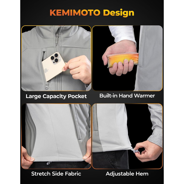Обогреваемая жилетка KEMIMOTO для мужчин и женщин с USB-аккумулятором 10000mAh, 5 зон обогрева, для катания на лыжах, рыбалки, мотоцикла, активного отдыха, серый, XL