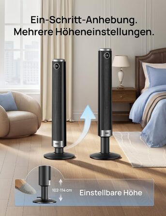 Вентилятор вежовий DREO Smart 102-114 см для спальні, з регулюванням висоти, 9 швидкостей, 4 режими, 90° осциляція, тихий (20 дБ), таймер 12 год, чорний