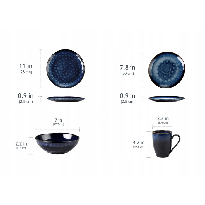Обідній сервіз темно-синій: комплект посуду (тарілки, миски, чашки), 32 предмети
