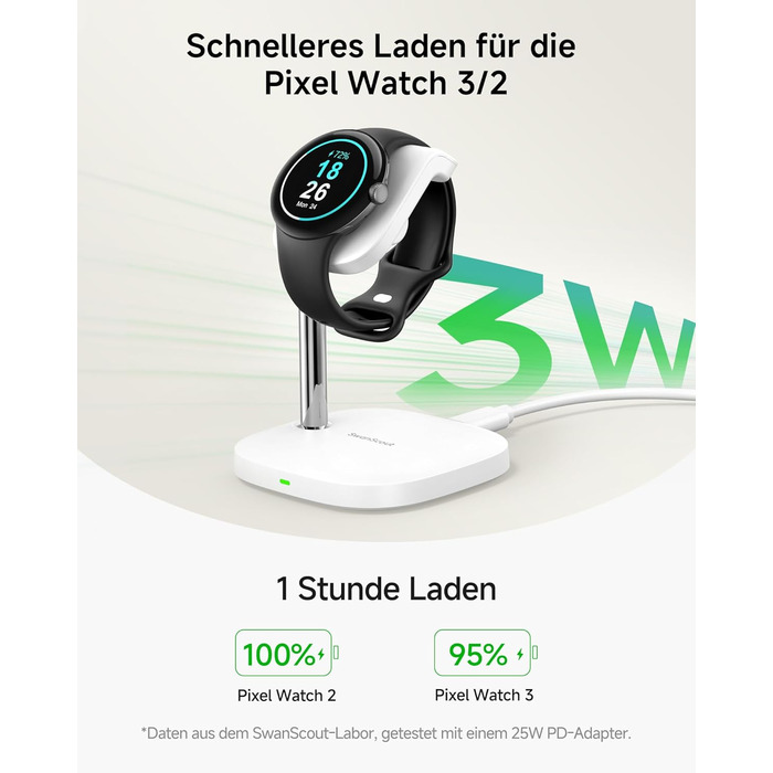 Зарядна станція SwanScout для Google Pixel Watch 3/2 (Не підходить для Pixel Watch 1), SwanScout 505G2, магнітний швидкий зарядний пристрій для Pixel Watch 3/Pixel Watch 2