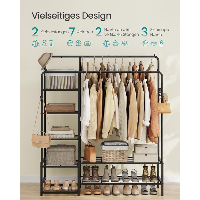 SONGMICS Стійка для одягу, відкрита шафа, вішалка для одягу з 7 полицями, металевий каркас, перекладина для одягу, для спальні, вітальні, передпокою, чорна HSR182B01, чорний, 115,8 см