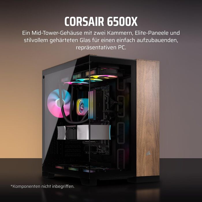 Корпус ПК CORSAIR 6500X Mid-Tower ATX з термопанелями, чорний/горіх, двокамерний дизайн