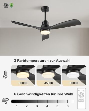 Стеляний вентилятор з підсвічуванням та пультом дистанційного керування, тихий DC двигун, 132 см/52 дюйми, 3 дерев'яних лопаті, таймер, 6 швидкостей, сертифікований ETL, режим літо/зима для спальні (132 см/52 дюйми, Чорний)