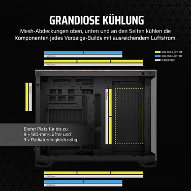 Корпус ПК CORSAIR 2500X mATX з двокамерним дизайном, чорний/горіх, сумісний з платами зворотного підключення, велика гнучкість охолодження, з загартованим склом