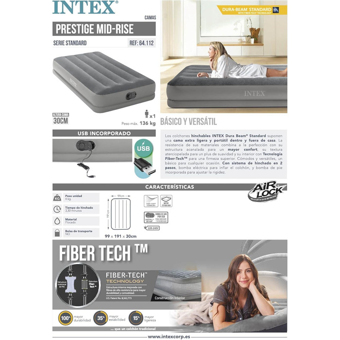 Надувний матрац Intex Twin Dura-Beam Prestige з USB-насосом, 99x191x30 см (64112) Single
