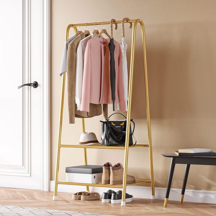 Robust metal clothes rack with double shelves for hanging clothes, freestanding and portable, 62 L x 35 W x 157.5 H cm, space-saving, gold